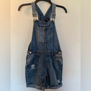 Gap Denim Blue Patch Shortalls Overalls Kids XL Frayed Pockets Cuff